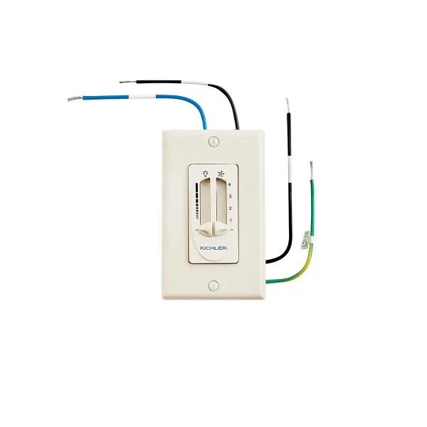 This wall-mounted control system provides convenient operation of ceiling fan speed and lighting functions. The compact almond finish design integrates seamlessly with standard wall plates for clean installation. - alternate view