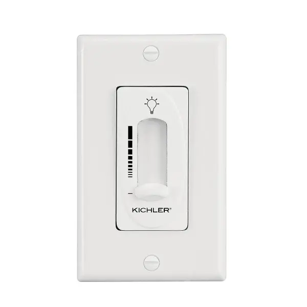 This compact ceiling fan control system provides convenient wall-mounted operation for compatible fans. The clean white finish integrates seamlessly with modern interiors while offering reliable fan speed and light control.