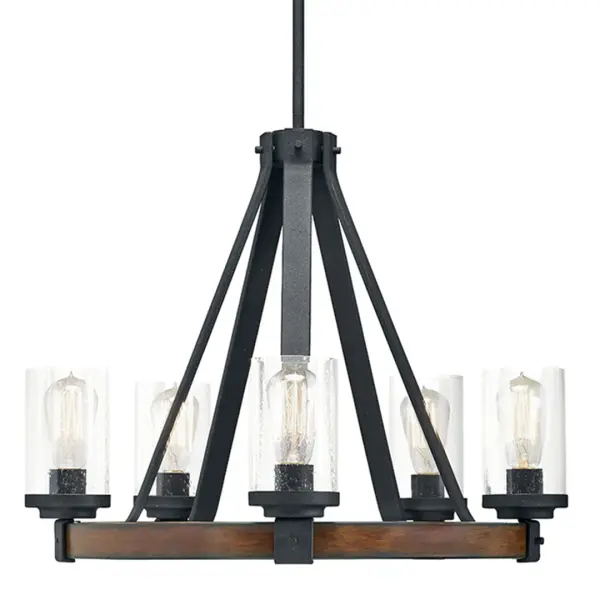 The Barrington Chandelier combines distressed black metalwork with clear seeded glass shades for authentic farmhouse appeal. Its 24-inch diameter makes it versatile for medium-sized spaces while the 5-light configuration provides ample illumination.