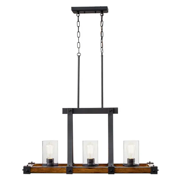 The Barrington Linear Chandelier combines distressed black metal with clear seeded glass shades for authentic farmhouse character. Its 32-inch linear design makes it perfect for kitchen islands and dining tables. - alternate view
