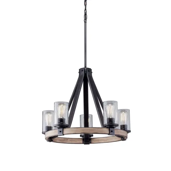 The Barrington Chandelier combines farmhouse warmth with industrial character through its anvil iron finish and clear seeded glass shades. At 24 inches wide, it's perfectly sized for medium dining spaces and kitchen islands.