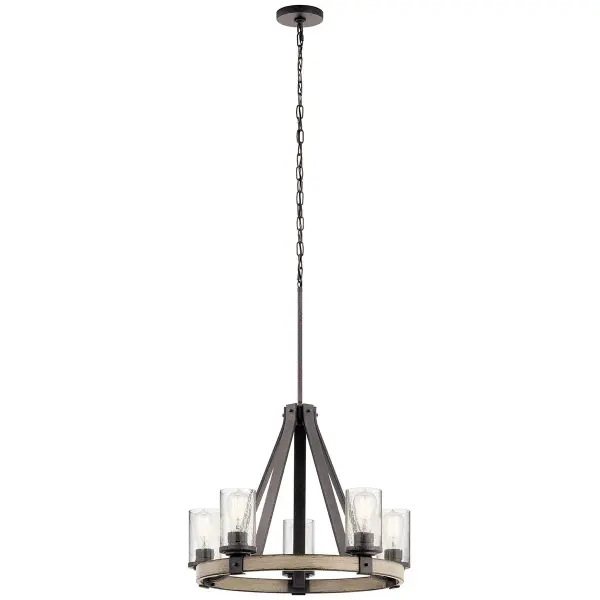 The Barrington Chandelier combines farmhouse warmth with industrial character through its anvil iron finish and clear seeded glass shades. At 24 inches wide, it's perfectly sized for medium dining spaces and kitchen islands. - alternate view