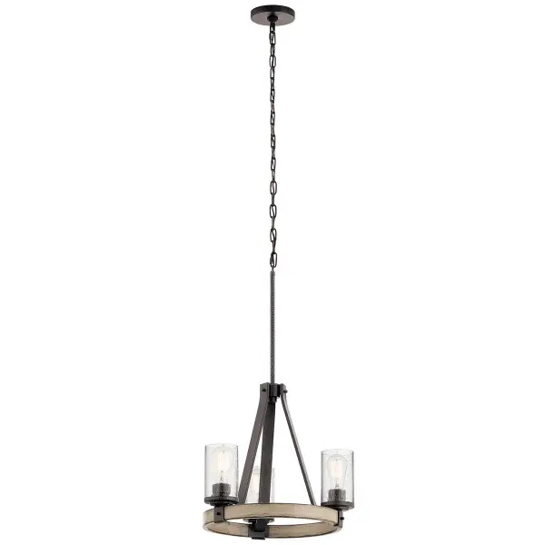 The Barrington Chandelier brings rustic farmhouse style to smaller spaces with its anvil iron finish and clear seeded glass shades. At 18 inches wide, it's perfectly scaled for breakfast nooks, compact dining areas, and entryways. - alternate view