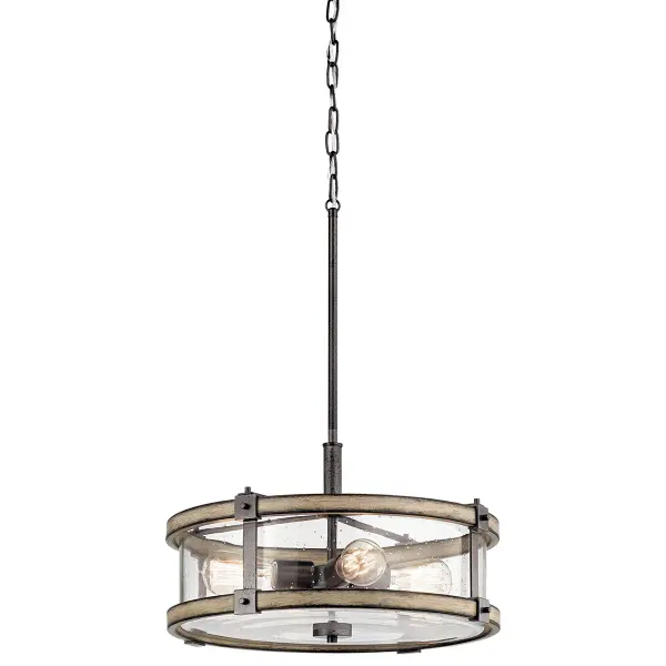 The Barrington Pendant blends distressed wood and anvil iron finishes with clear seeded glass for authentic farmhouse character. Its 18-inch drum design provides ample illumination while the 4-light configuration ensures bright, even coverage.