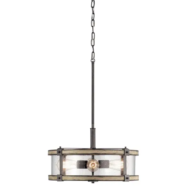 The Barrington Pendant blends distressed wood and anvil iron finishes with clear seeded glass for authentic farmhouse character. Its 18-inch drum design provides ample illumination while the 4-light configuration ensures bright, even coverage. - alternate view