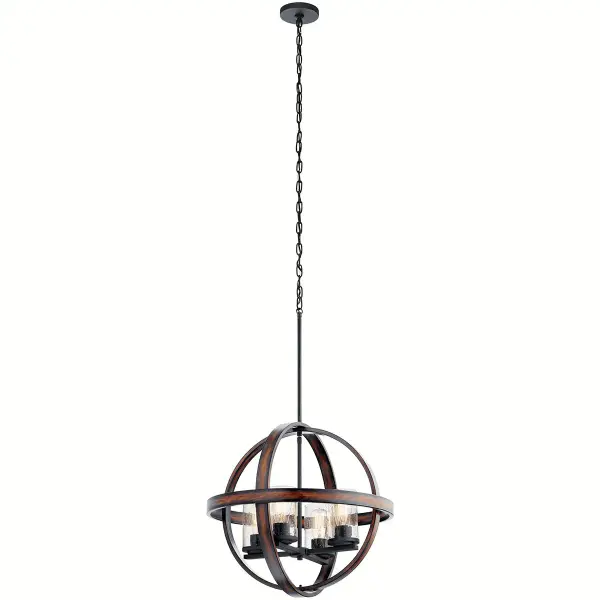 The Barrington 4-light pendant combines distressed black metal with clear seeded glass for authentic farmhouse character. At 21.25 inches wide, it makes a bold statement over dining tables and kitchen islands while providing ample illumination. - alternate view