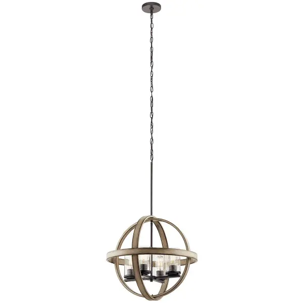 The Barrington 4-Light Pendant combines distressed wood and anvil iron finishes with clear seeded glass for authentic farmhouse character. Its 21-inch diameter makes it perfect for medium-sized dining areas and kitchen islands. - alternate view