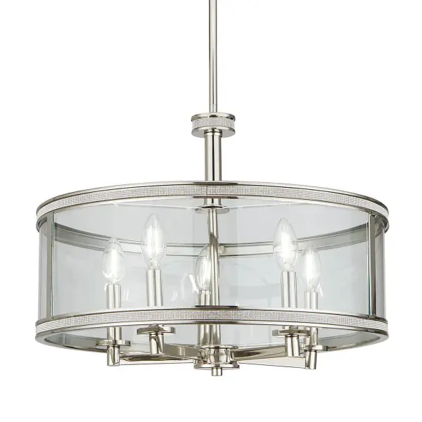 The Angelica pendant combines classic drum styling with contemporary polish. Its 20-inch diameter and 5-light configuration provide ample illumination while the polished nickel finish adds sophisticated shine to any space.