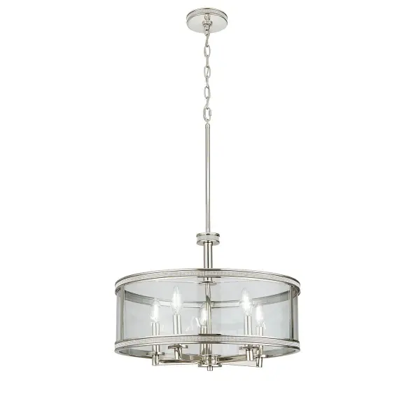 The Angelica pendant combines classic drum styling with contemporary polish. Its 20-inch diameter and 5-light configuration provide ample illumination while the polished nickel finish adds sophisticated shine to any space. - alternate view