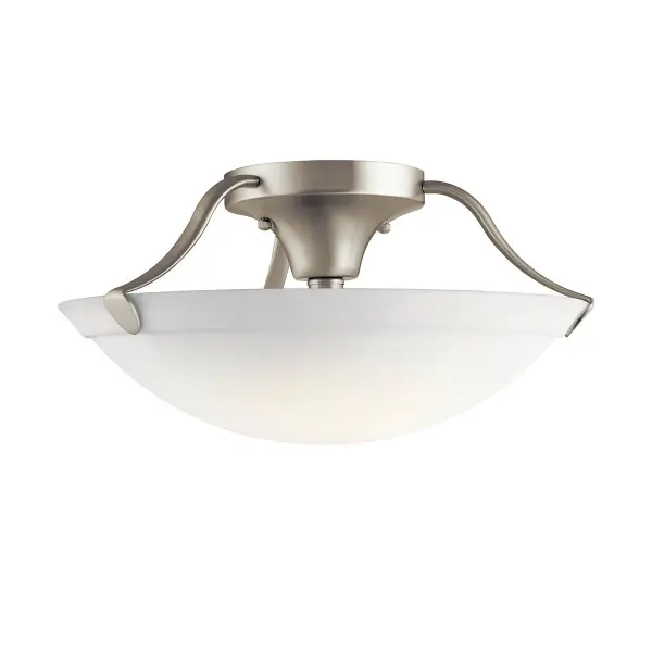 This 3-light semi-flush mount combines transitional styling with practical functionality. The brushed nickel finish and satin etched glass create soft, diffused lighting ideal for various spaces with standard ceiling heights.