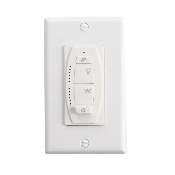 This wall-mounted control system provides convenient ceiling fan operation with a clean, contemporary design. The ivory finish integrates seamlessly with standard wall plates for a cohesive look.