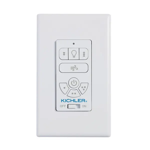 The AC Standard Wall Control System provides convenient wall-mounted control for AC ceiling fans with integrated dimming capability. Its clean white finish blends seamlessly with standard wall plates. - alternate view