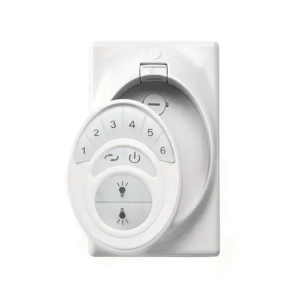 This wall-mounted ceiling fan control provides convenient speed and light control from a single location. The compact white design integrates seamlessly with standard wall plates for clean installation.