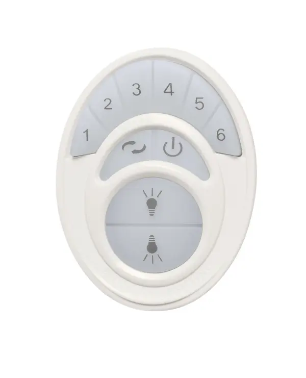 This wall-mounted ceiling fan control provides convenient speed and light control from a single location. The compact white design integrates seamlessly with standard wall plates for clean installation. - alternate view