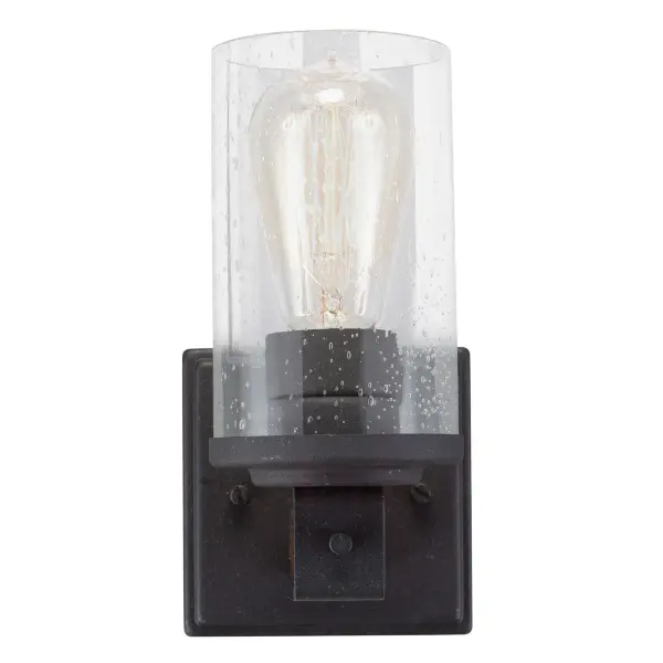 The Barrington Wall Sconce combines distressed black finish with clear seeded glass for authentic farmhouse appeal. Its compact 8.69" height makes it ideal for smaller spaces while the up-or-down mounting flexibility adds versatility. - alternate view
