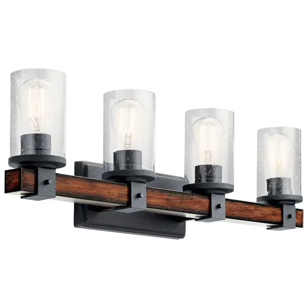 The Barrington 4-Light Vanity Light combines distressed black metal with clear seeded glass for authentic farmhouse appeal. At 29.5 inches wide, it provides ample illumination for medium to large vanities while adding character.