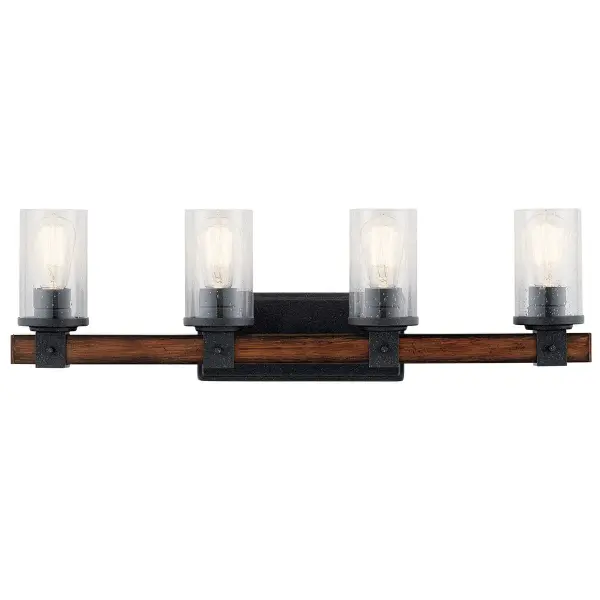 The Barrington 4-Light Vanity Light combines distressed black metal with clear seeded glass for authentic farmhouse appeal. At 29.5 inches wide, it provides ample illumination for medium to large vanities while adding character. - alternate view