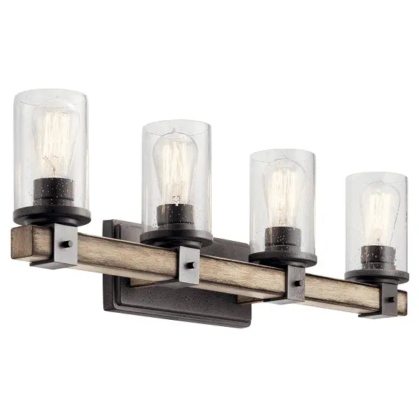 The Barrington vanity light combines industrial charm with practical functionality. Its 29.5-inch width makes it ideal for medium to large vanities, while the dimmable feature and up/down mounting flexibility allow customization.