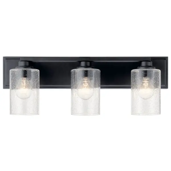 The Amity vanity light combines contemporary black finish with flexible installation options. Its 23-inch width makes it ideal for standard bathroom vanities, while dimmable capability and up/down mounting versatility enhance functionality. - alternate view