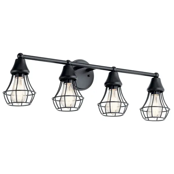 The Bayley vanity light combines contemporary black finish with flexible mounting options. At 30.5 inches wide, it provides ample illumination for medium to large vanities with its 4-light configuration.