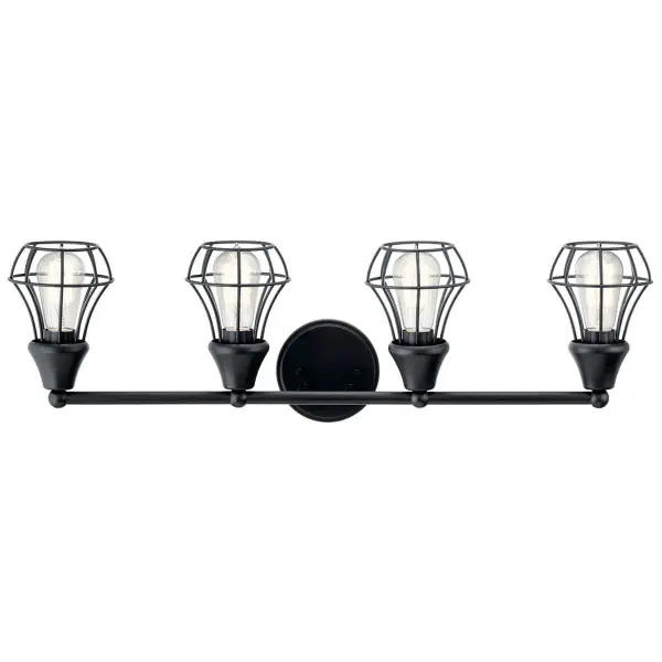 The Bayley vanity light combines contemporary black finish with flexible mounting options. At 30.5 inches wide, it provides ample illumination for medium to large vanities with its 4-light configuration. - alternate view