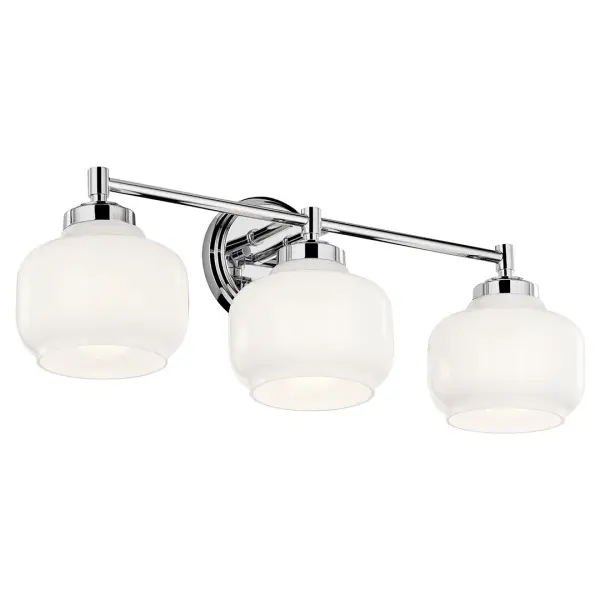The Breslyn 3-Light Vanity Light combines classic chrome finish with opal glass shades for a timeless look. Its 24-inch width makes it ideal for medium to large vanities, while dimmable functionality and damp rating ensure versatility.
