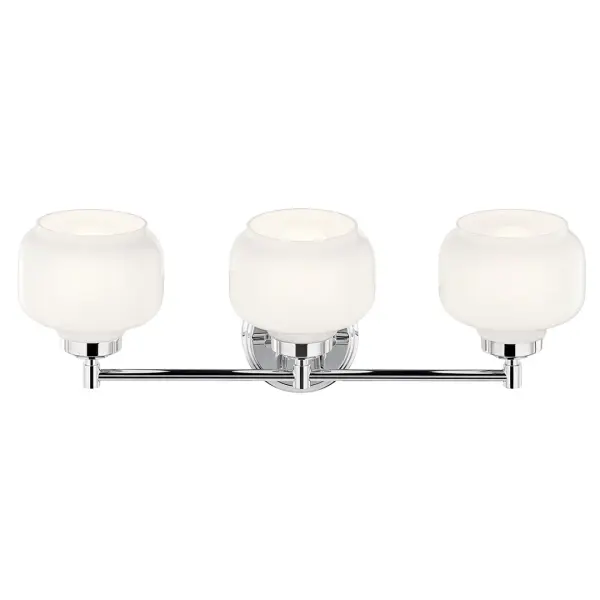 The Breslyn 3-Light Vanity Light combines classic chrome finish with opal glass shades for a timeless look. Its 24-inch width makes it ideal for medium to large vanities, while dimmable functionality and damp rating ensure versatility. - alternate view