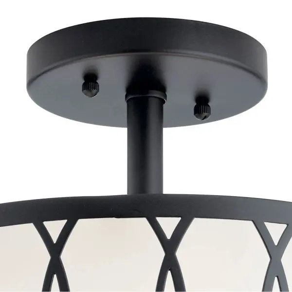 This 2-light semi-flush mount combines contemporary chrome styling with practical functionality. At 12.25" diameter, it's ideal for hallways, bedrooms, and bathrooms where ceiling clearance matters. Dimmable halogen bulbs provide adjustable ambiance. - alternate view