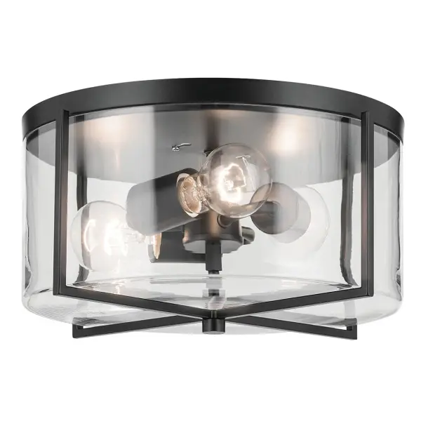 The Birk 3-light flush mount combines industrial style with practical functionality. Its matte black finish and clear glass shades create visual interest while the compact 14-inch diameter fits smaller spaces perfectly.