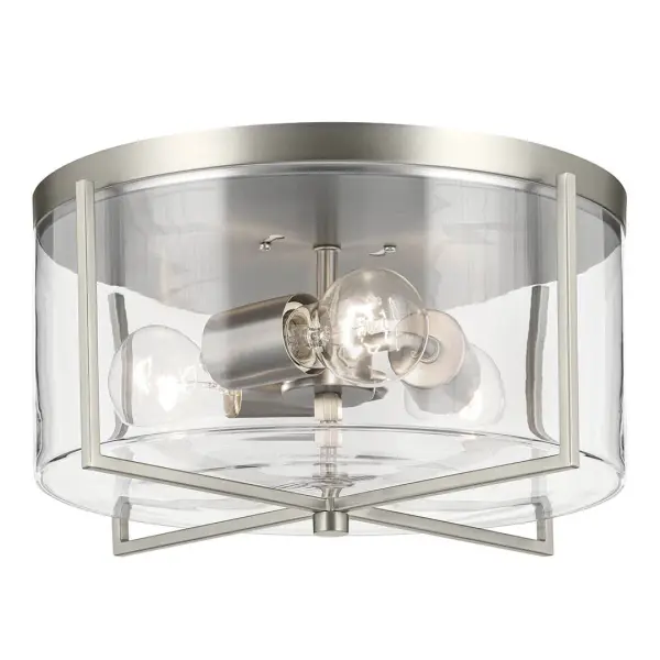 The Birk 3-light flush mount combines transitional styling with practical functionality. Its 14-inch diameter and clear glass shades provide ample illumination while the brushed nickel finish adds refined elegance to any space.