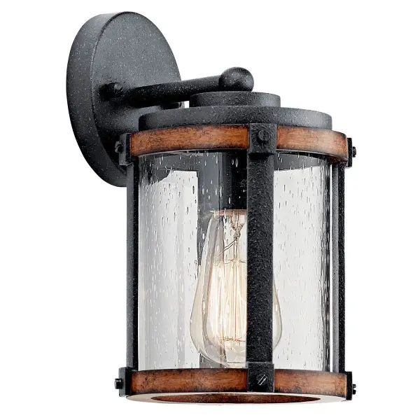 The Barrington Outdoor Wall Light combines farmhouse aesthetics with practical outdoor lighting. Its distressed black finish and seeded glass create vintage appeal while the compact 10-inch size fits various exterior spaces.