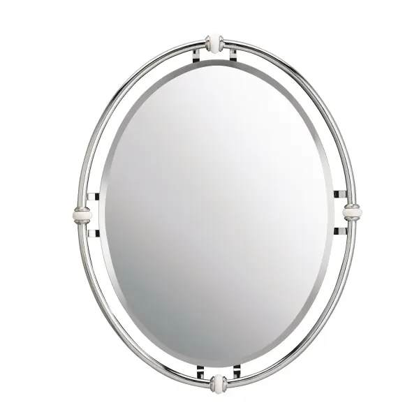 The Pocelona mirror combines clean lines with white porcelain accents and a polished chrome finish for a vintage-inspired aesthetic. Its 24-inch width makes it ideal for powder rooms and bathrooms, offering timeless grace that complements both traditional and transitional decor.