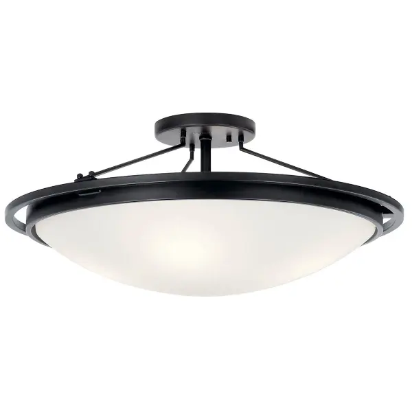 This 23.25-inch semi-flush mount combines substantial scale with refined glass work. The clear satin etched glass with painted white interior creates soft, diffused illumination while the black finish adds contemporary sophistication.