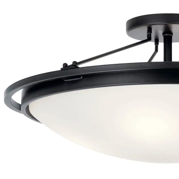 This 23.25-inch semi-flush mount combines substantial scale with refined glass work. The clear satin etched glass with painted white interior creates soft, diffused illumination while the black finish adds contemporary sophistication. - alternate view