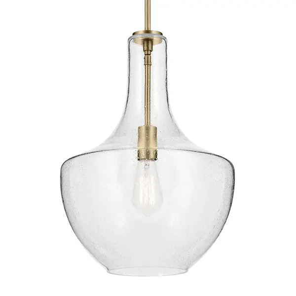 The Everly pendant combines warm natural brass with textured seeded glass for a sophisticated yet approachable look. Its 14-inch diameter makes it versatile for various spaces while the dimmable feature adds functional flexibility.