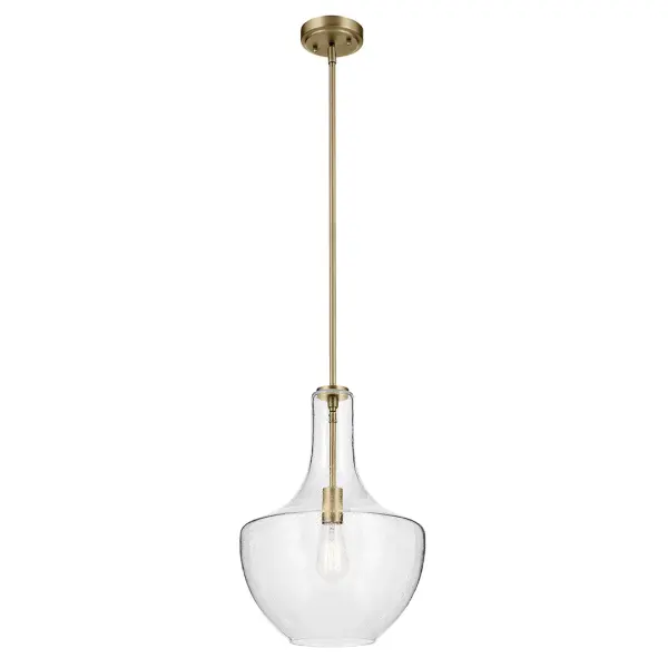 The Everly pendant combines warm natural brass with textured seeded glass for a sophisticated yet approachable look. Its 14-inch diameter makes it versatile for various spaces while the dimmable feature adds functional flexibility. - alternate view