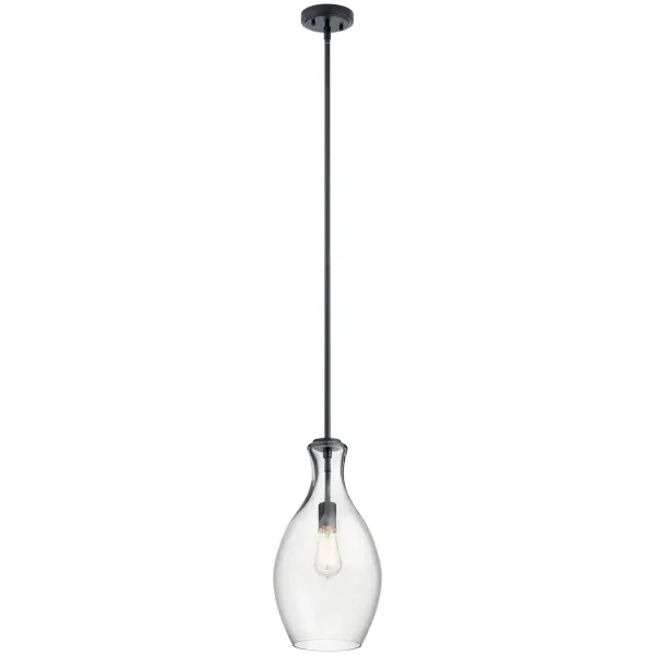 The Everly pendant combines a sculptural hourglass silhouette with clear blown glass and a clean black finish. Its compact 9-inch width makes it ideal for multiples over islands or as a standalone accent. Versatile enough to complement both traditional and contemporary spaces.