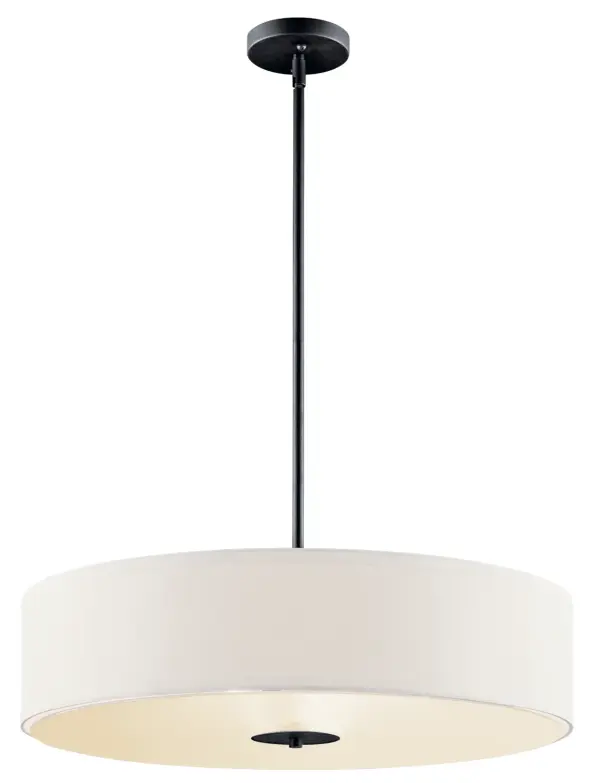 This adaptable 3-light fixture offers dual mounting options—semi-flush or pendant—making it ideal for spaces with varying ceiling heights. The black steel frame paired with white microfiber shade creates a refined contrast.