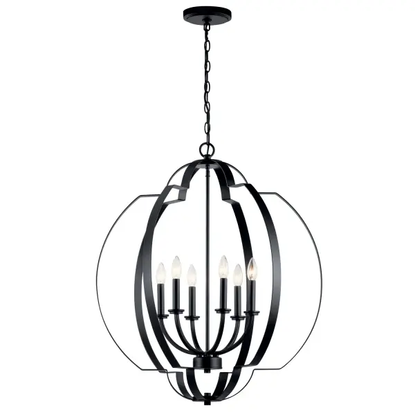 The Voleta foyer chandelier commands attention with its intertwined spherical framework and geometric detailing. The matte black finish provides dramatic contrast while the open design allows light to radiate in all directions.