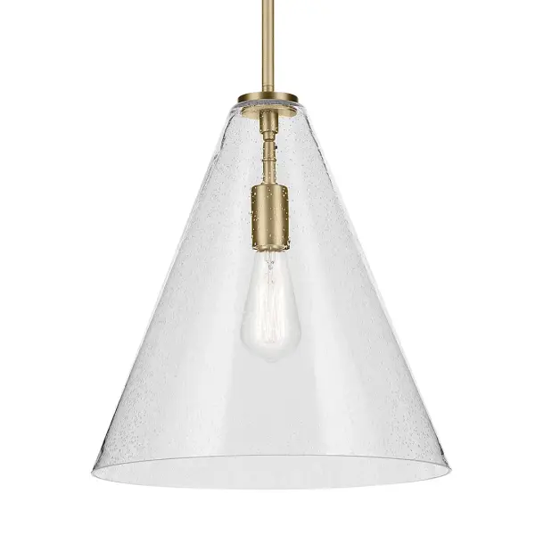 The Everly Pendant combines classic seeded glass with contemporary natural brass for a versatile look that works in both traditional and modern spaces. Its 14.25-inch diameter makes it perfect for kitchen islands and dining areas.
