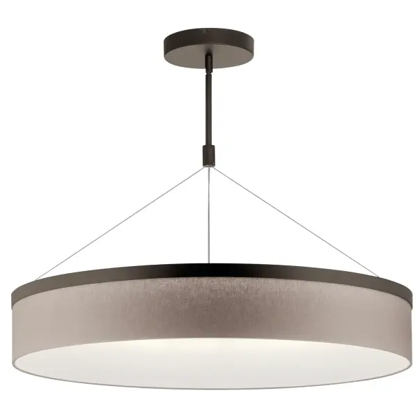 The Mercel chandelier brings contemporary elegance to dining spaces with its floating linen shade design. The grey linen drum appears suspended by minimal wiring, creating an airy aesthetic. Integrated LED provides warm, efficient lighting.