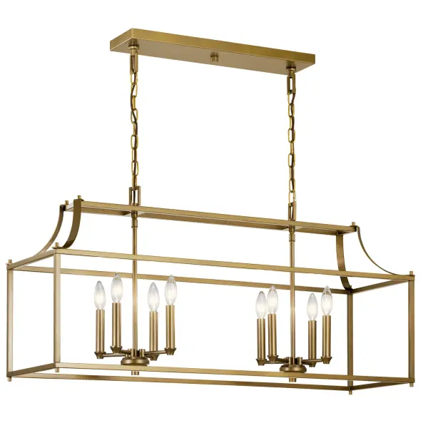 The Morrigan brings sophisticated candelabra-style lighting to contemporary spaces with its open cage design and warm Natural Brass finish. Eight lights provide ample illumination while the clean linear form suits both traditional and modern interiors.