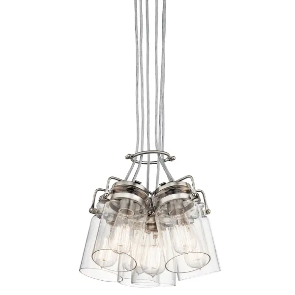 The Brinley cluster pendant combines six clear glass shades with brushed nickel hardware for a refined transitional look. Its compact 11.75-inch diameter makes it ideal for smaller dining areas and kitchen islands where multi-light impact is desired without overwhelming the space.
