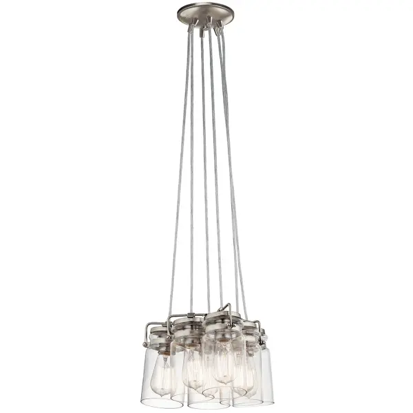 The Brinley cluster pendant combines six clear glass shades with brushed nickel hardware for a refined transitional look. Its compact 11.75-inch diameter makes it ideal for smaller dining areas and kitchen islands where multi-light impact is desired without overwhelming the space. - alternate view