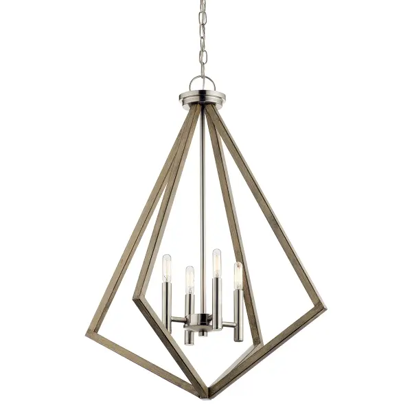 The Deryn Chandelier brings authentic farmhouse character with its distressed antique gray wood finish and clear seeded glass shades. Perfect for creating a warm, inviting atmosphere in dining spaces and kitchens.