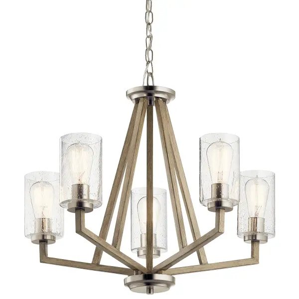 The Deryn Chandelier brings authentic farmhouse character with its distressed antique gray wood finish and clear seeded glass shades. Five lights provide ample illumination while the 24-inch diameter makes it perfect for medium-sized dining spaces.