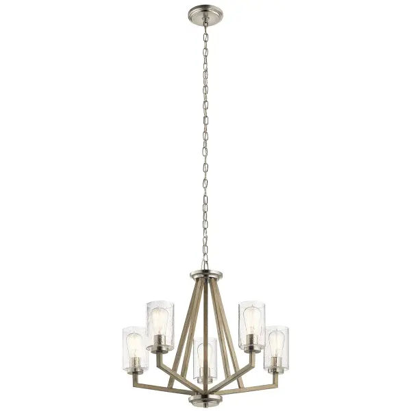 The Deryn Chandelier brings authentic farmhouse character with its distressed antique gray wood finish and clear seeded glass shades. Five lights provide ample illumination while the 24-inch diameter makes it perfect for medium-sized dining spaces. - alternate view