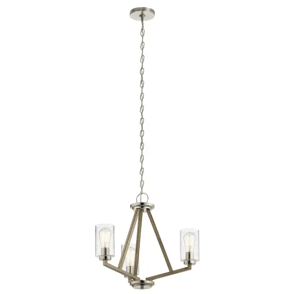 The Deryn Chandelier brings authentic farmhouse character with its distressed antique gray wood finish and clear seeded glass shades. At 22 inches wide, it's perfectly sized for medium dining spaces and kitchen islands. - alternate view