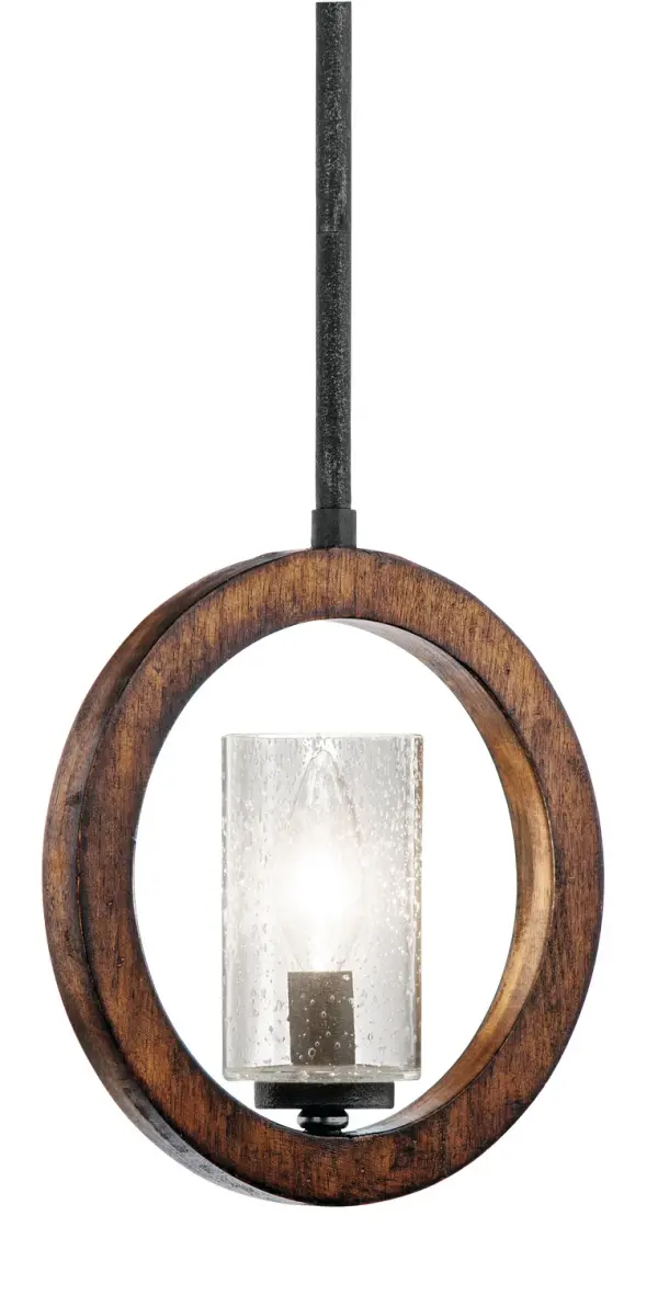 The Grand Bank mini pendant delivers rustic warmth in a petite package. Its Auburn Stained finish and clear seeded glass create vintage appeal perfect for multiples over islands or as accent lighting in smaller spaces.