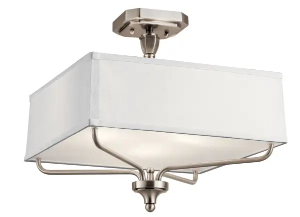 The Arlo combines a sophisticated fabric square shade with clear satin etched glass diffuser in a classic pewter finish. This 3-light semi-flush mount offers versatile style and dimmable functionality for medium-sized spaces.
